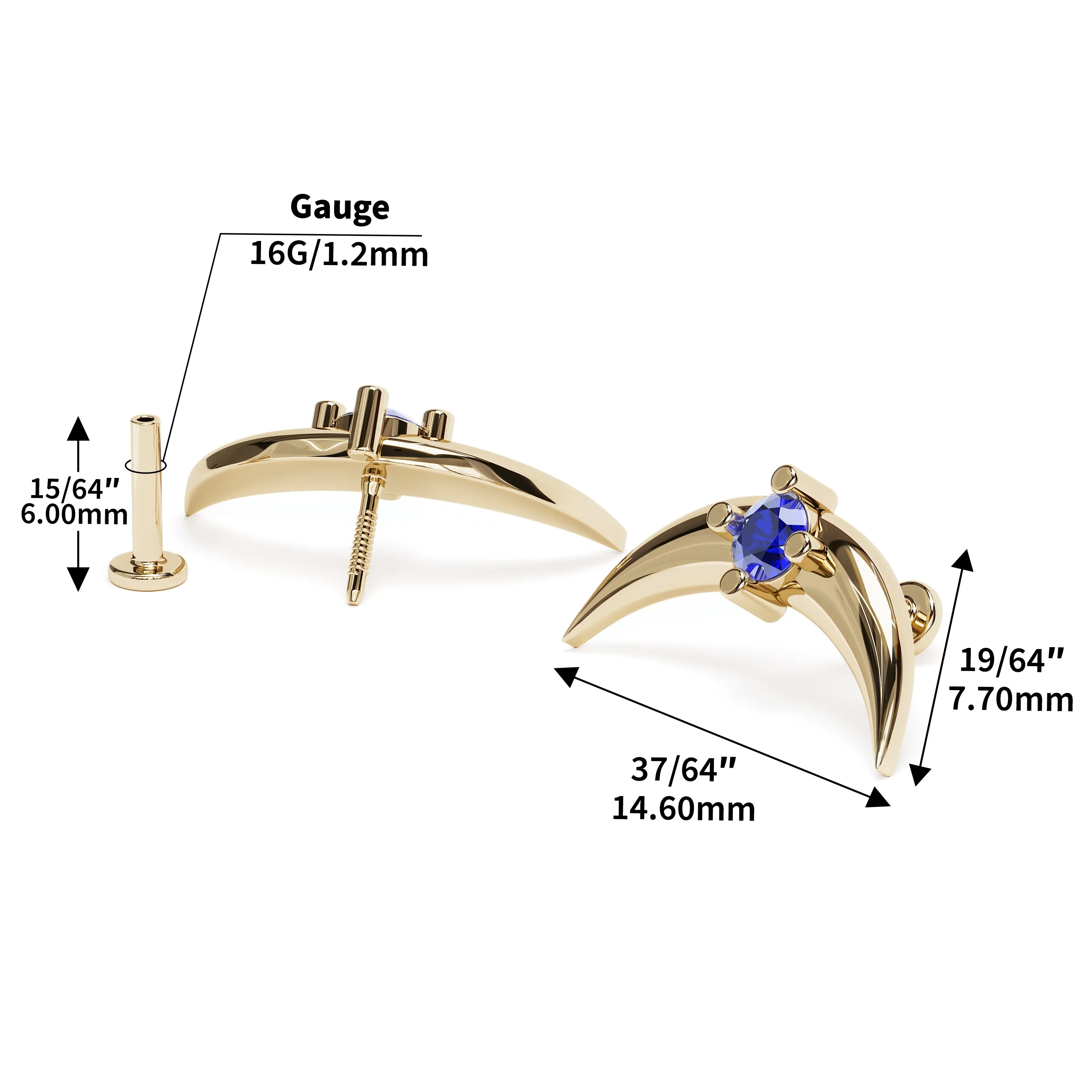 14K Gold Sapphire Crescent Moon Stud