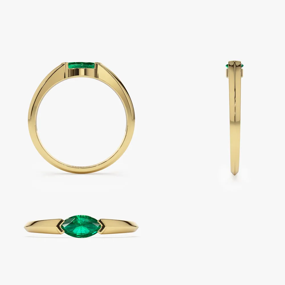 14K Horizontal Marquise Shape Natural Emerald Ring