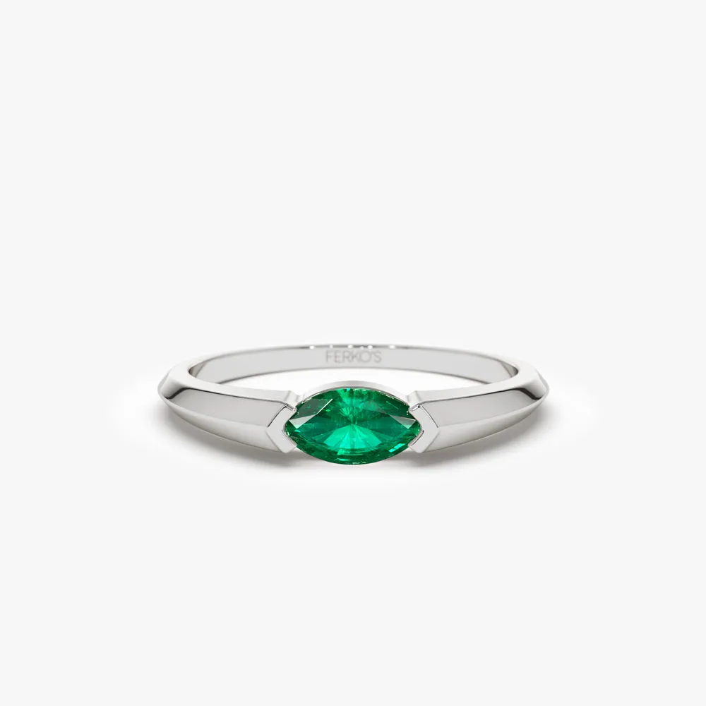 14K Horizontal Marquise Shape Natural Emerald Ring