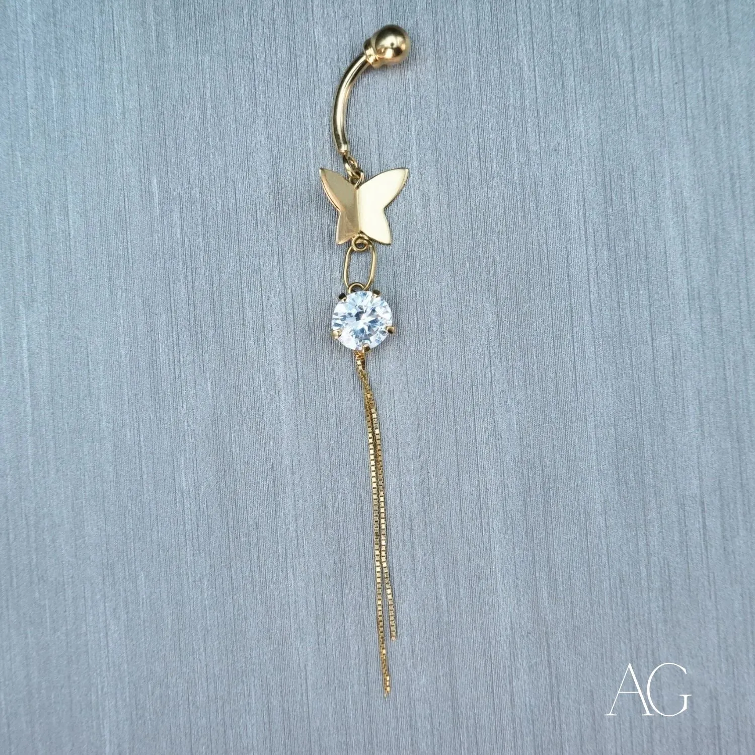 18k Gold Bellybutton Piercing with Cubic Zirconia Butterfly