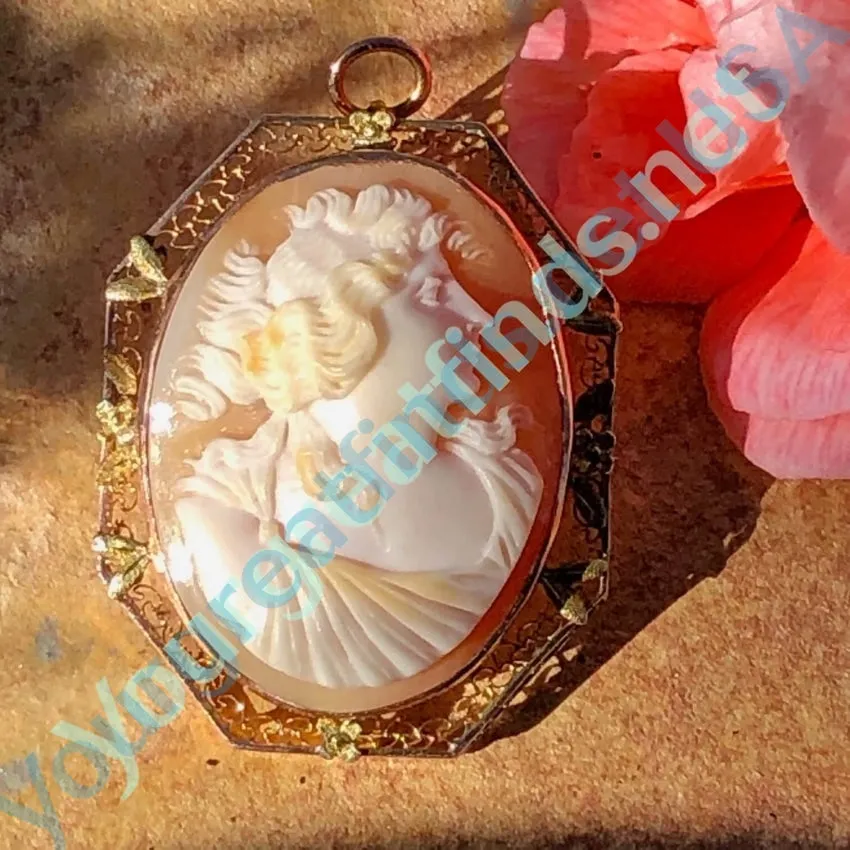 Antique Shell Cameo Pendant Brooch 10K Gold Filigree