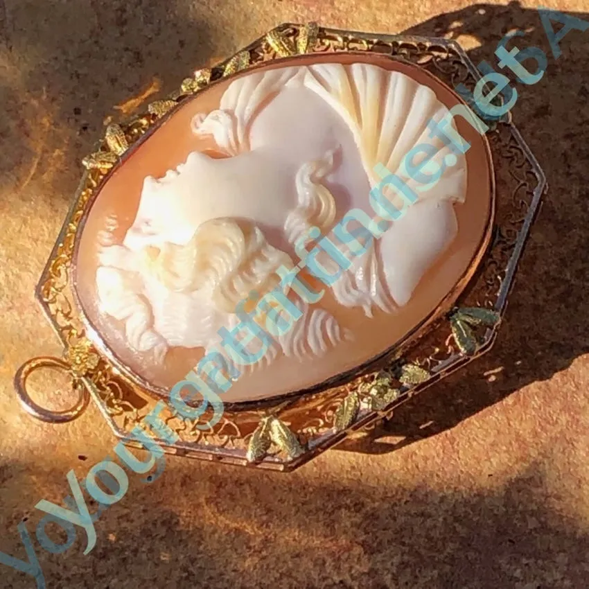 Antique Shell Cameo Pendant Brooch 10K Gold Filigree