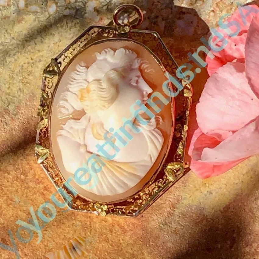 Antique Shell Cameo Pendant Brooch 10K Gold Filigree