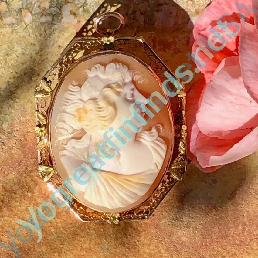 Antique Shell Cameo Pendant Brooch 10K Gold Filigree