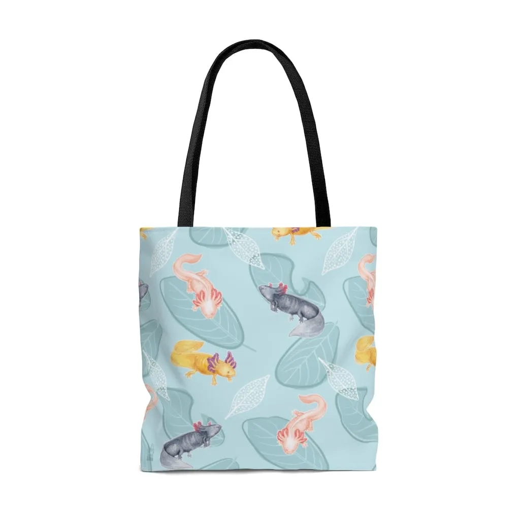 Axolotls with Leaves AOP Tote, Cute Amphibian Bag