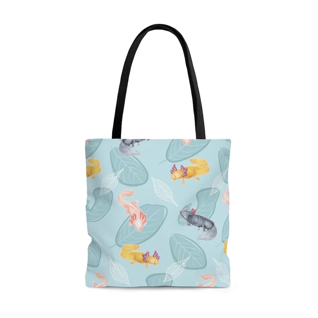 Axolotls with Leaves AOP Tote, Cute Amphibian Bag