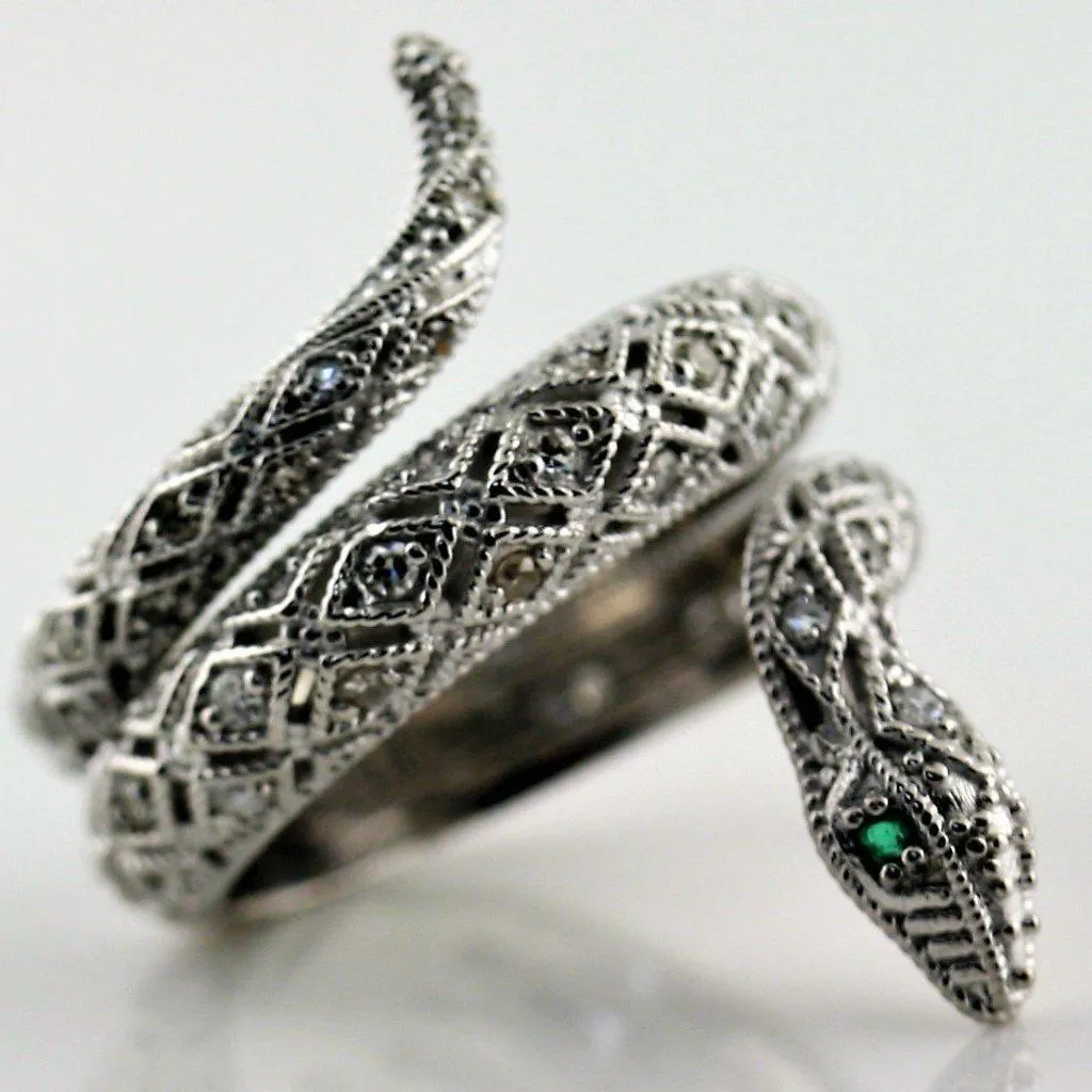 Diamond Emerald Accents Snake Ring 14K White Gold