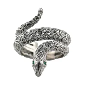 Diamond Emerald Accents Snake Ring 14K White Gold