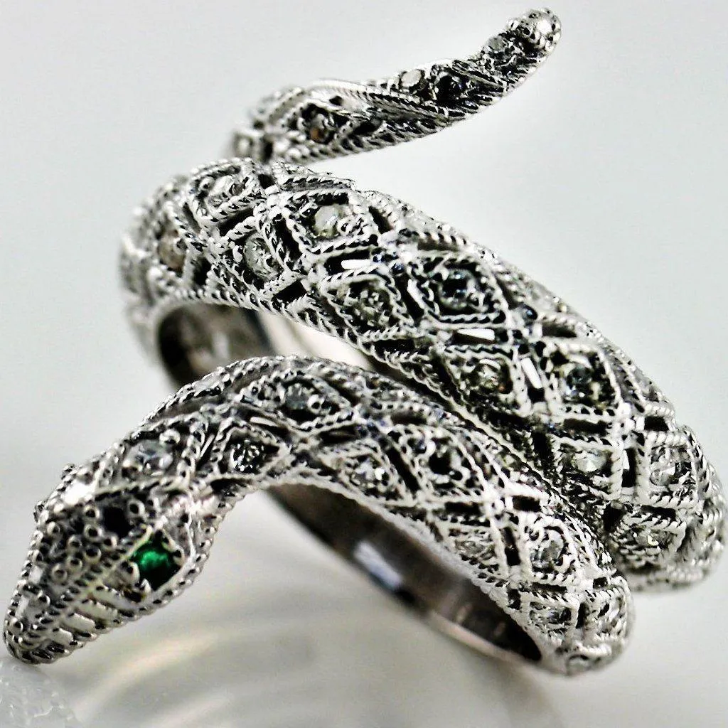 Diamond Emerald Accents Snake Ring 14K White Gold