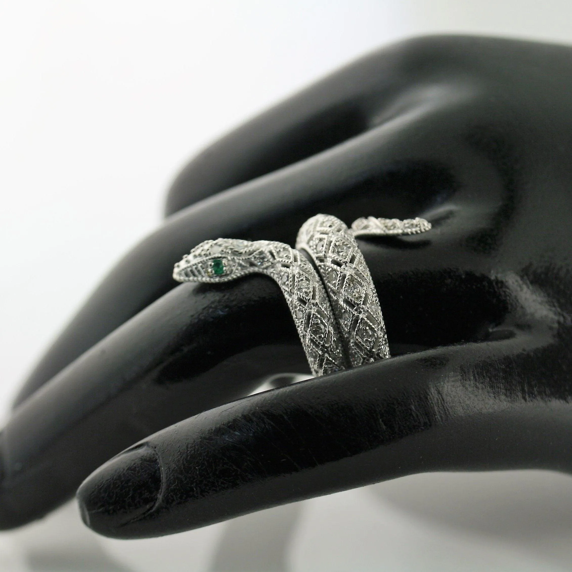 Diamond Emerald Accents Snake Ring 14K White Gold