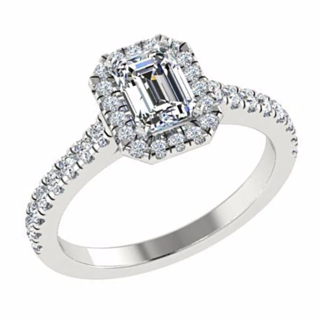 Emerald Cut Diamond Halo Engagement Ring with Side Stones 18K Gold