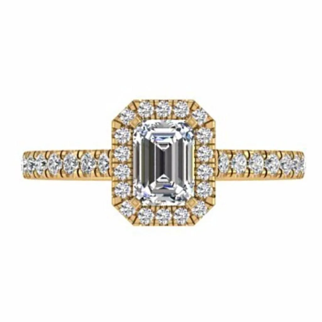 Emerald Cut Diamond Halo Engagement Ring with Side Stones 18K Gold