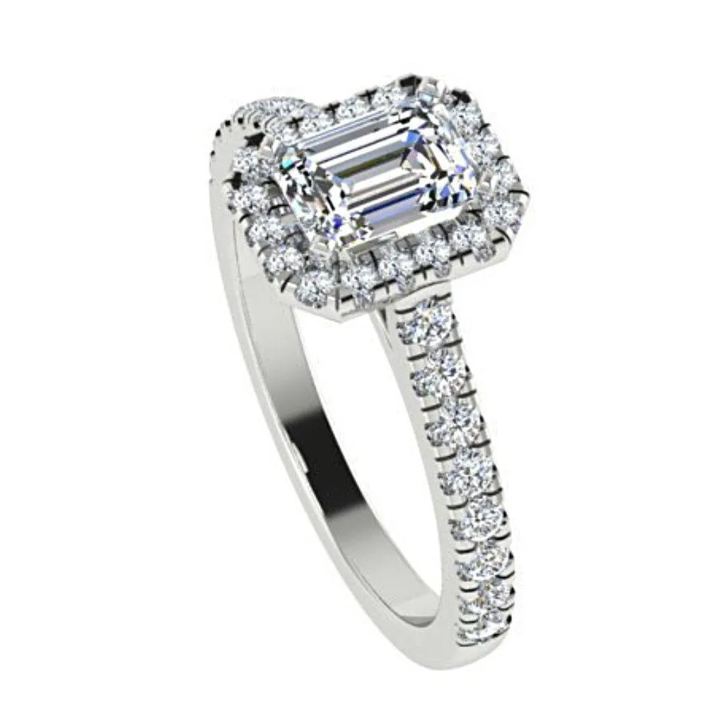 Emerald Cut Diamond Halo Engagement Ring with Side Stones 18K Gold