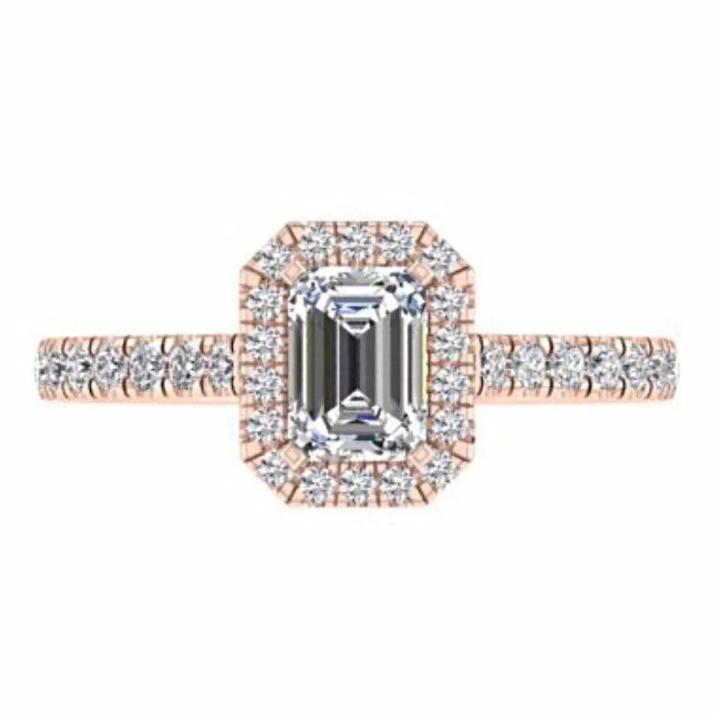 Emerald Cut Diamond Halo Engagement Ring with Side Stones 18K Gold