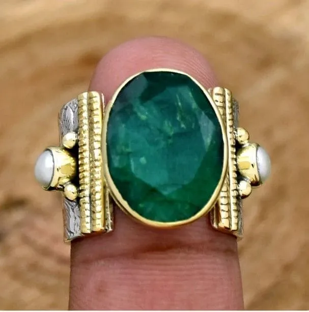 Engraved Jewelry Set - Indian Emerald & Pearl Ring and Ruby Ring- Handmade Jewelry Set