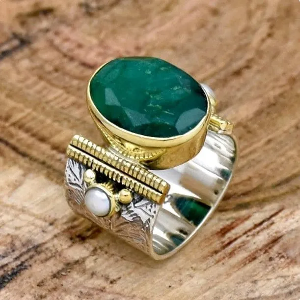 Engraved Jewelry Set - Indian Emerald & Pearl Ring and Ruby Ring- Handmade Jewelry Set