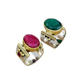 Engraved Jewelry Set - Indian Emerald & Pearl Ring and Ruby Ring- Handmade Jewelry Set