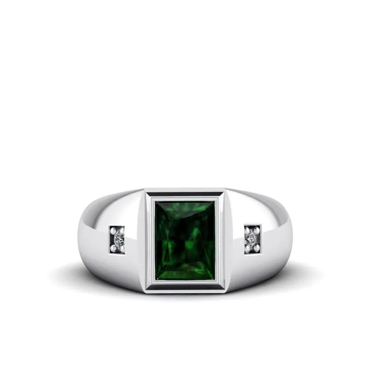 Gold Promise Ring 2.40ct Green Emerald with 2 Diamonds Custom Engraved Jewelry Gift for Man