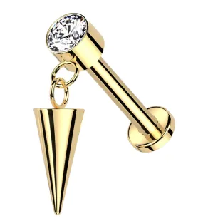 Gold PVD Dangle Cone Clear CZ Internally Threaded Titanium Labret