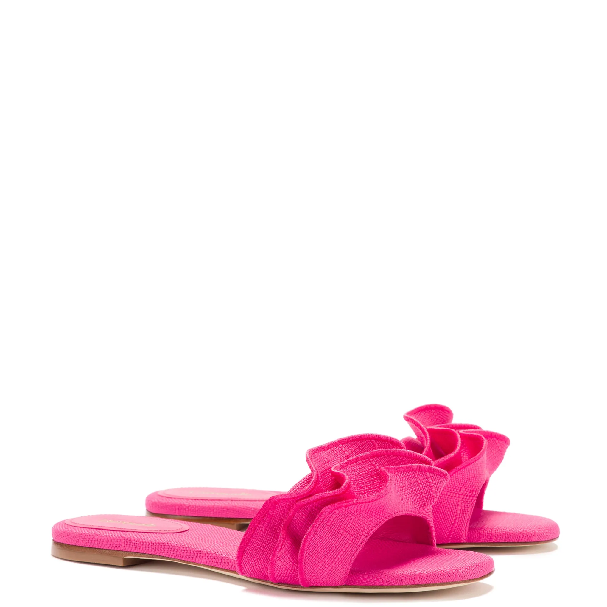 Ivy Ruffle Flat Mule In Pink Raffia