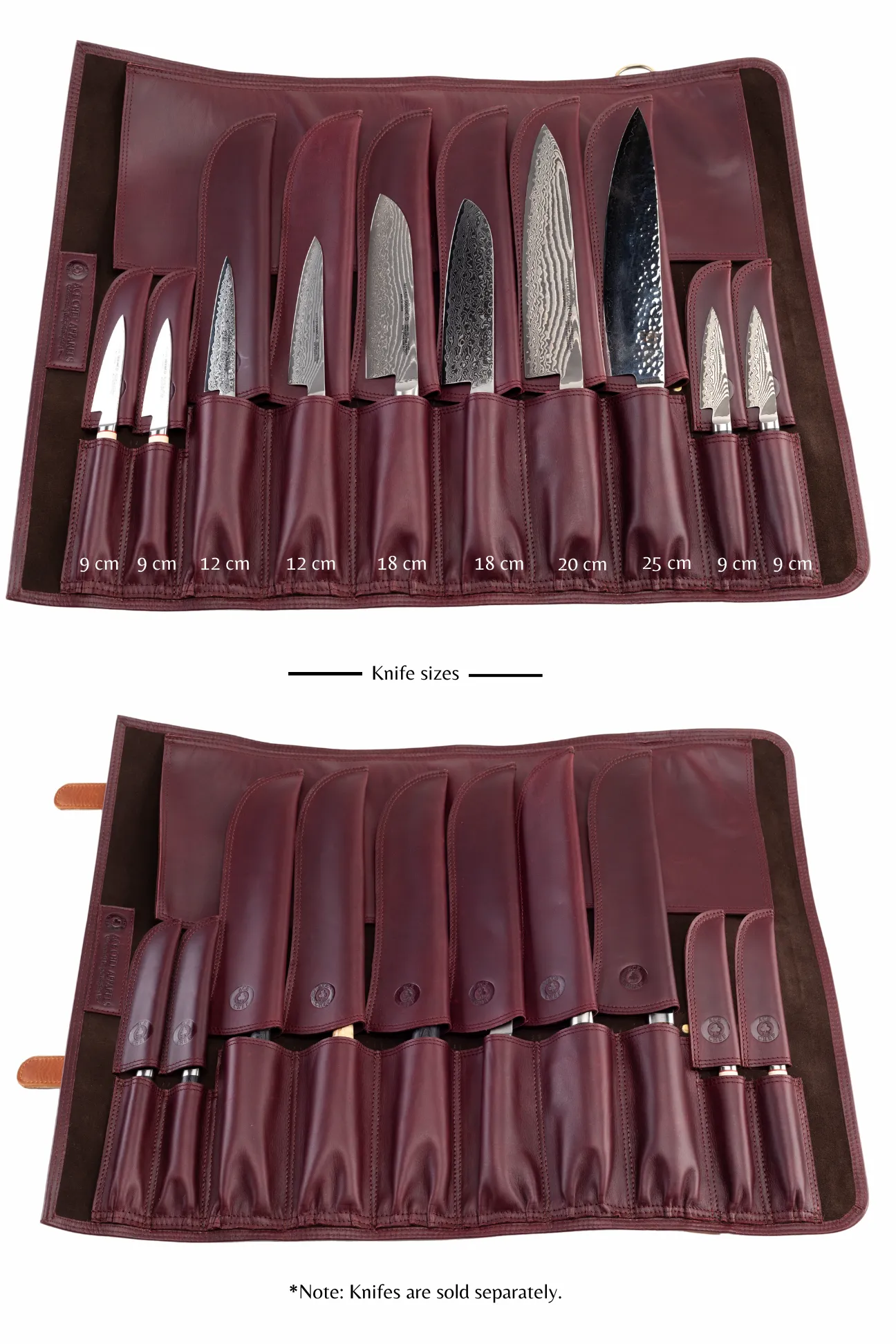 Premium Bordo and Tan Leather Knife Roll - Elegant Travel Case for Chefs