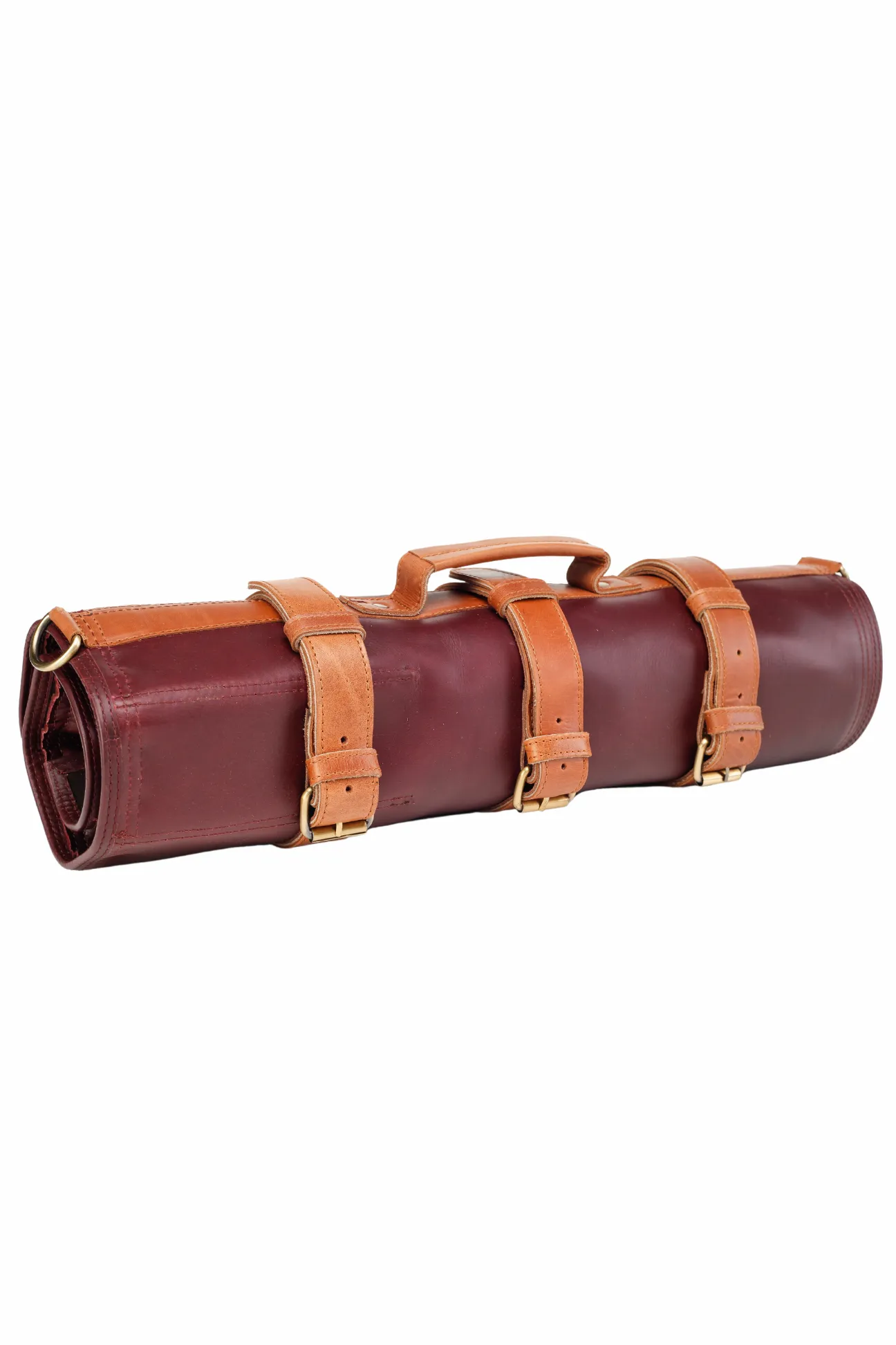 Premium Bordo and Tan Leather Knife Roll - Elegant Travel Case for Chefs