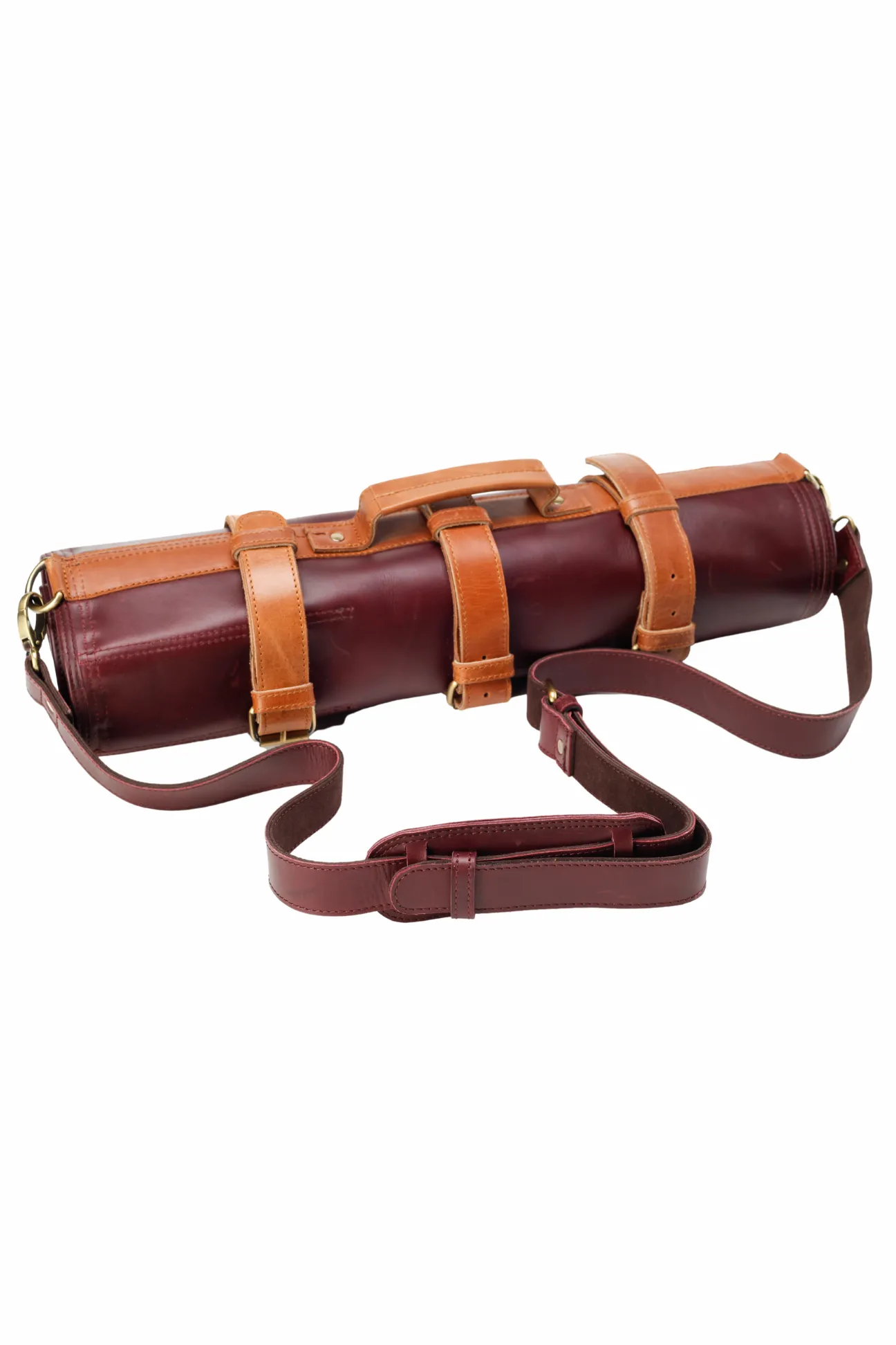 Premium Bordo and Tan Leather Knife Roll - Elegant Travel Case for Chefs