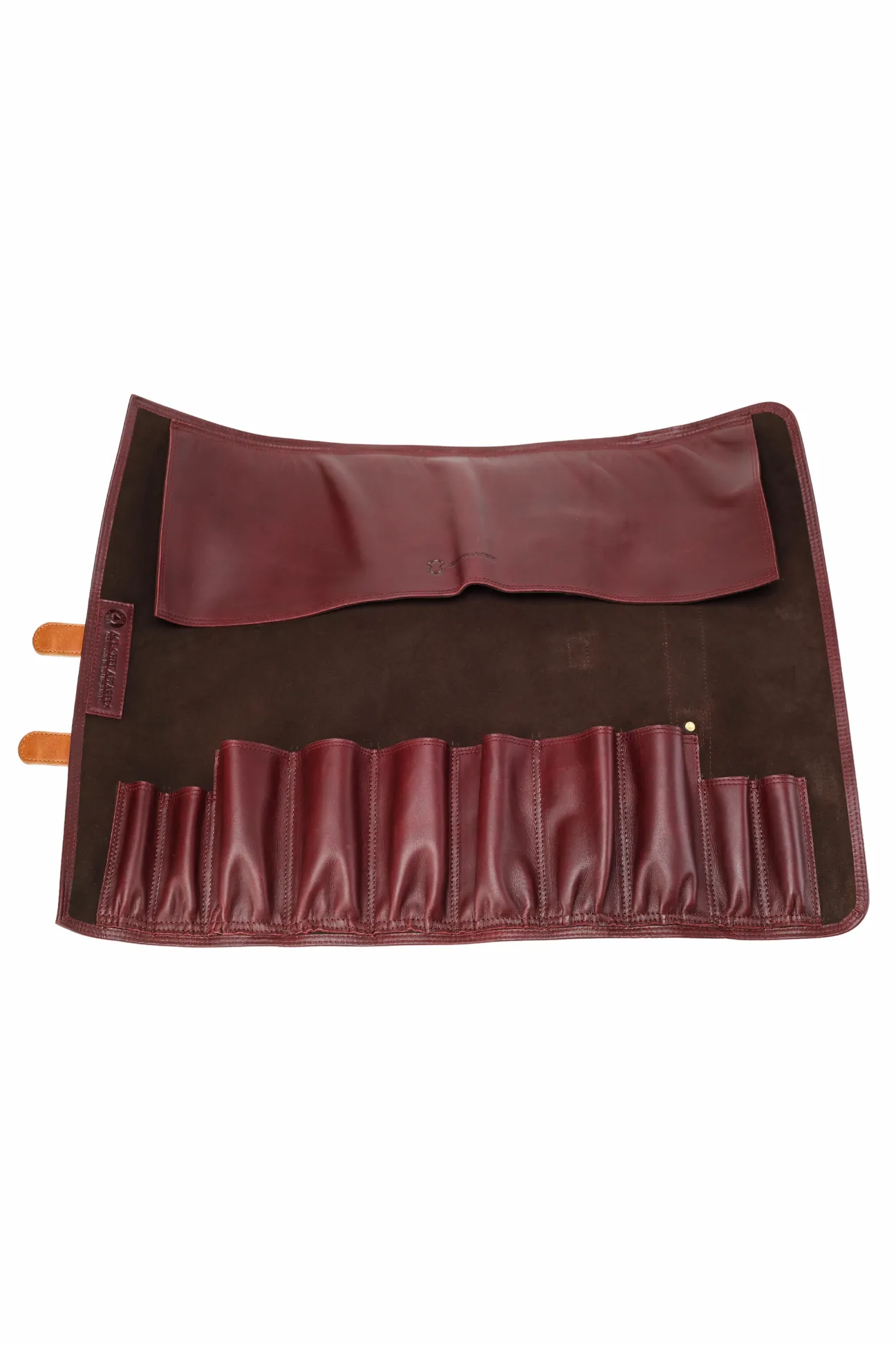 Premium Bordo and Tan Leather Knife Roll - Elegant Travel Case for Chefs