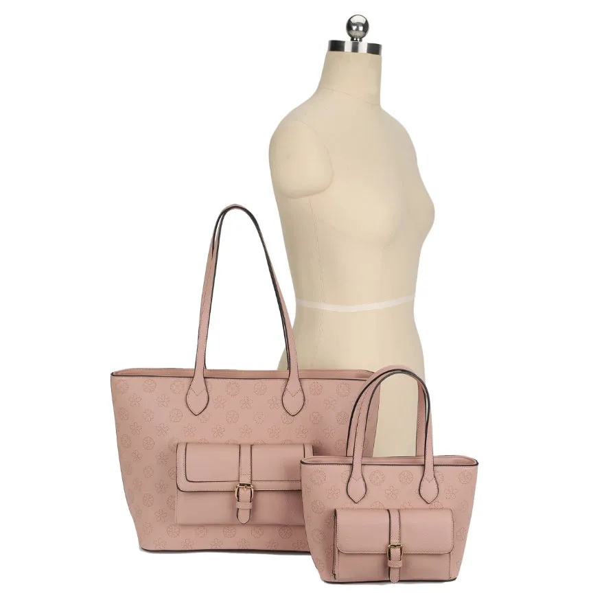 Monogram belted front pocket tote set - brown