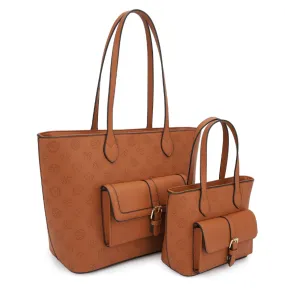 Monogram belted front pocket tote set - brown