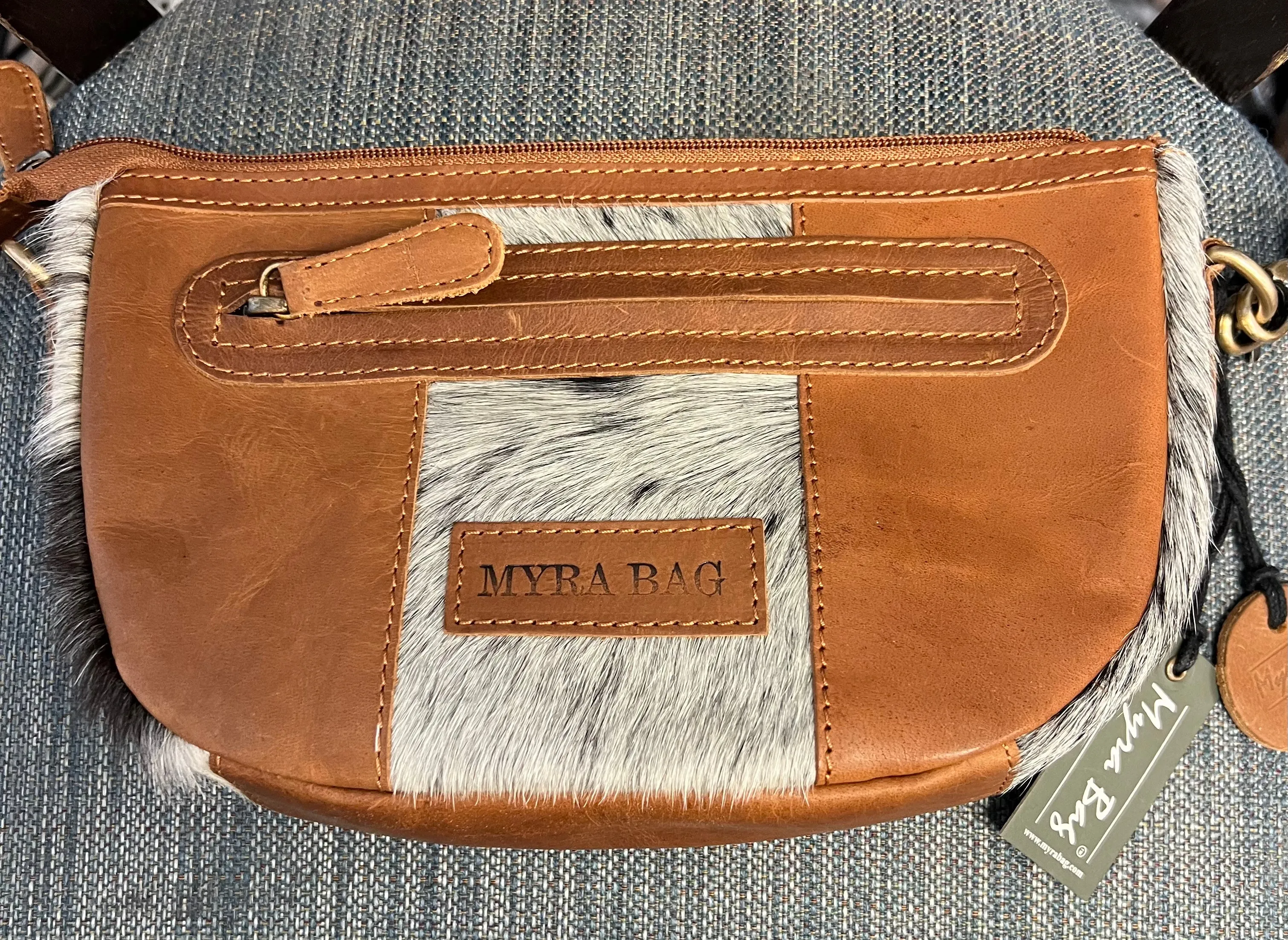 Myra Bag Wynona Swoop bottom hand tooled bag wristlet / crossbody