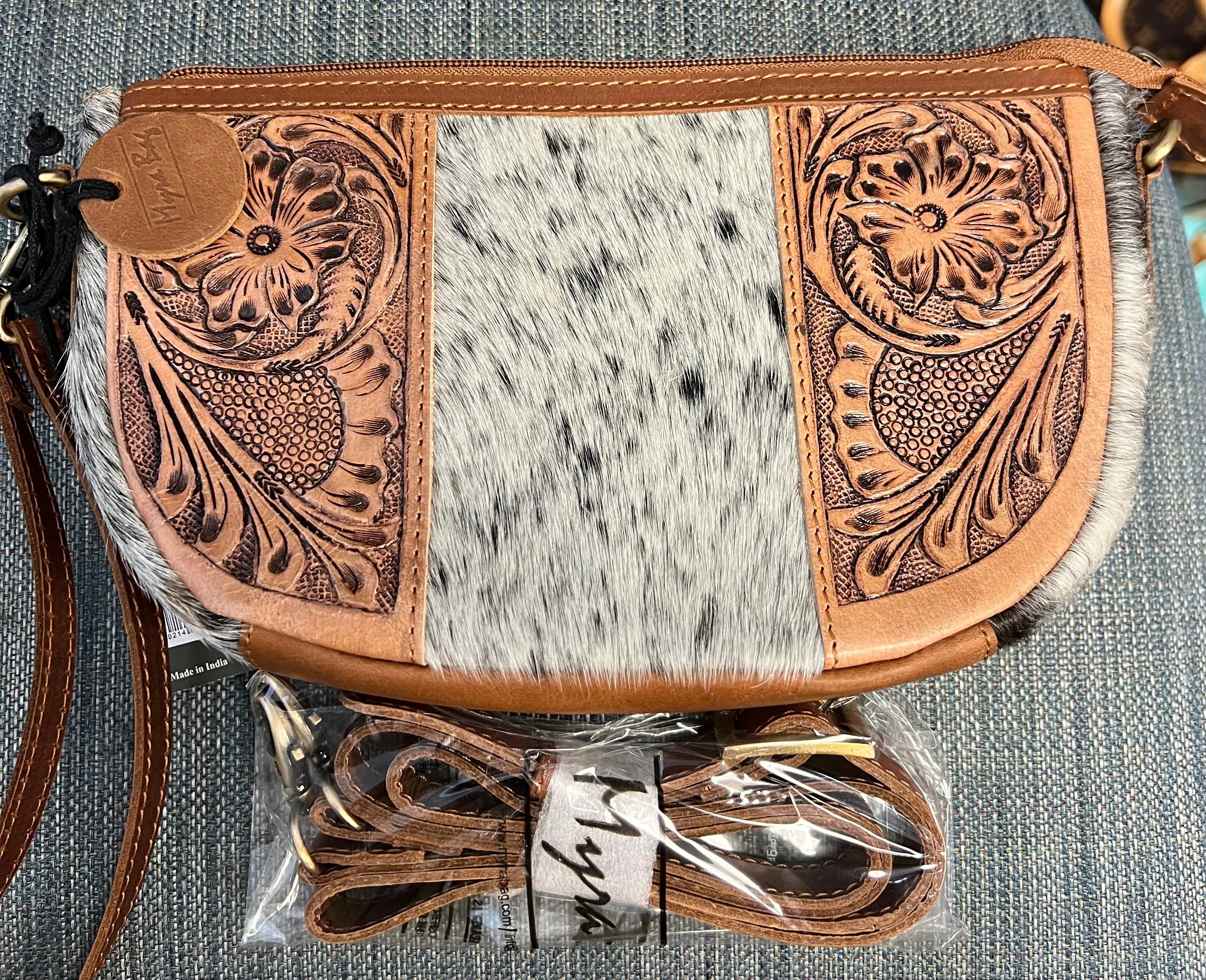 Myra Bag Wynona Swoop bottom hand tooled bag wristlet / crossbody