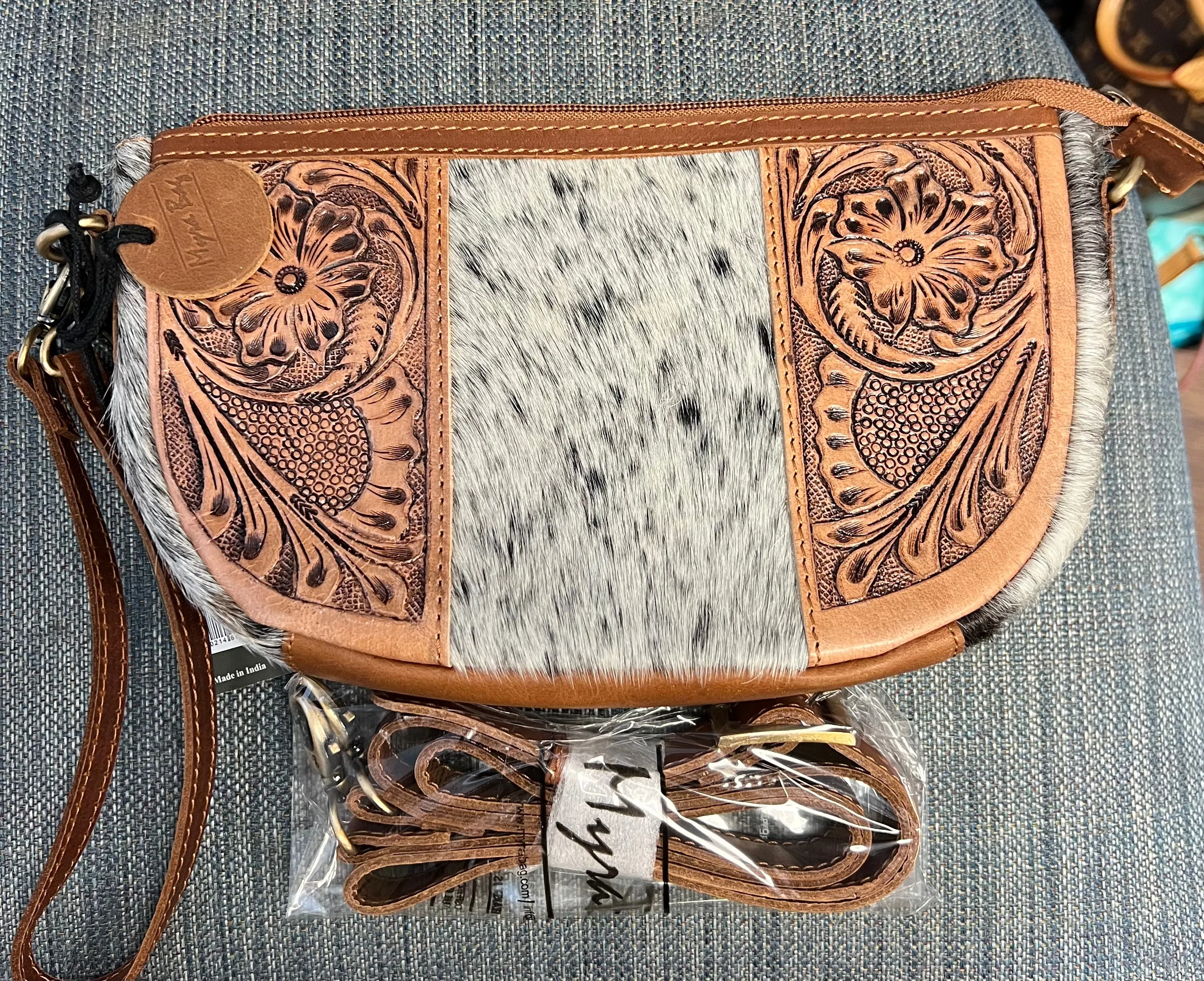 Myra Bag Wynona Swoop bottom hand tooled bag wristlet / crossbody