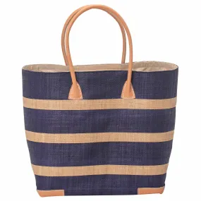 Raffia Navy Beach Stripe Tote with Leather Handle