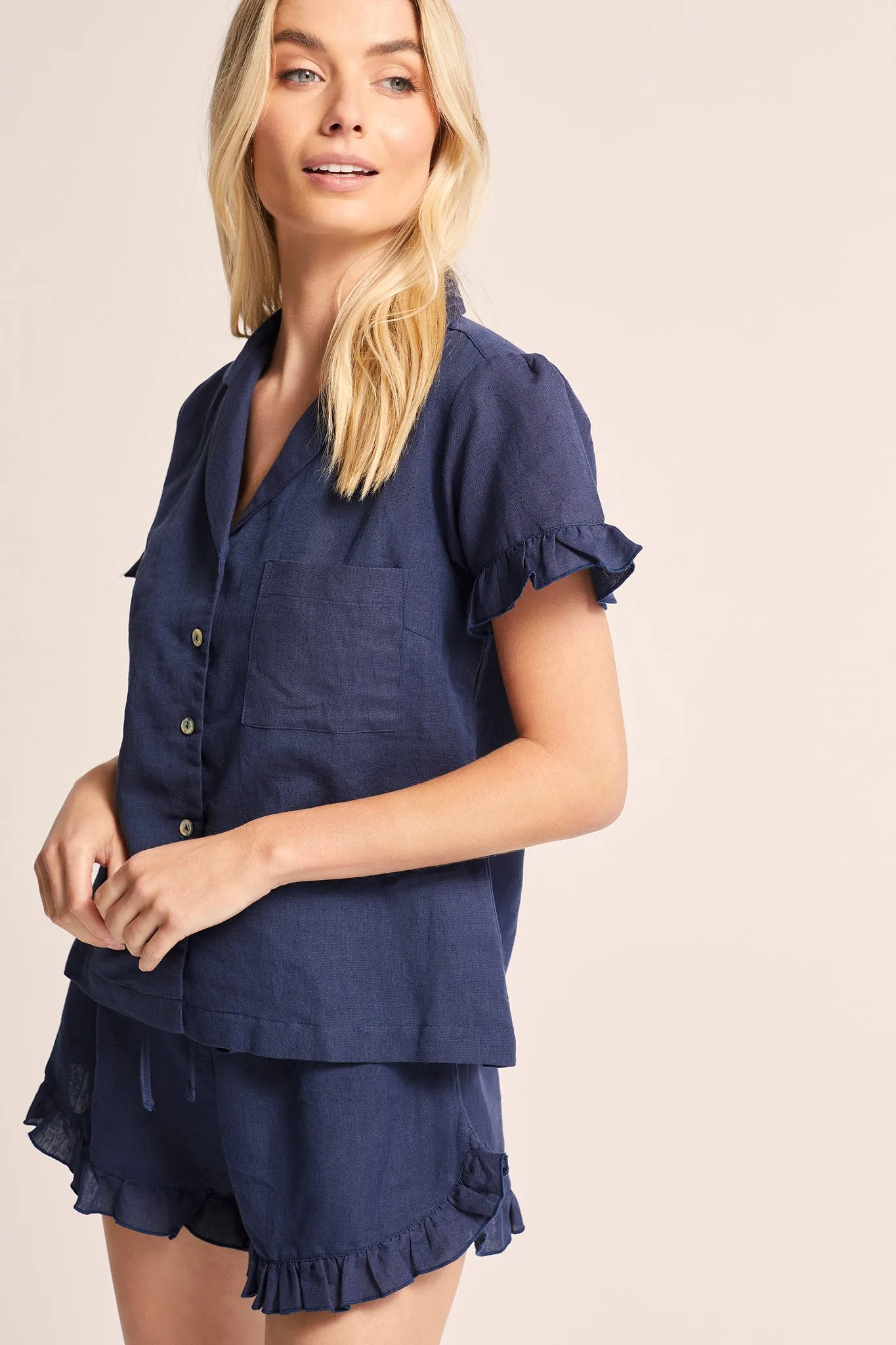 Rebecca Linen Frill Womens Pyjama Set -Navy