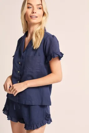 Rebecca Linen Frill Womens Pyjama Set -Navy