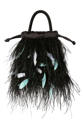 RIXO Black Satin and Feathered Flapper Style Mabel Bag (S)