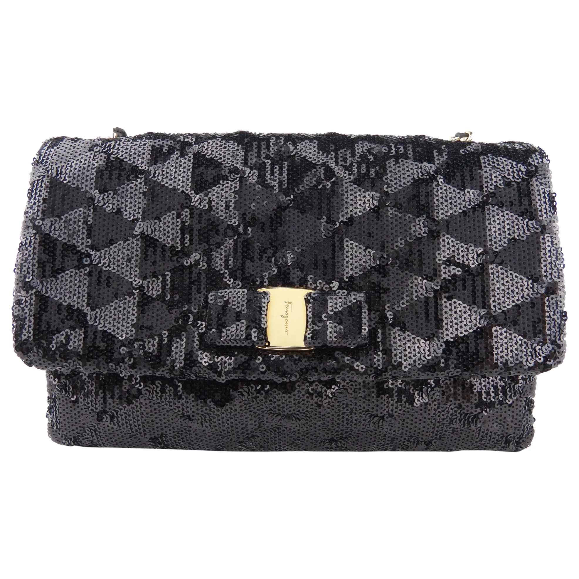 Salvatore Ferragamo Black Sequin and Leather Vara Bow Chain Flap Bag