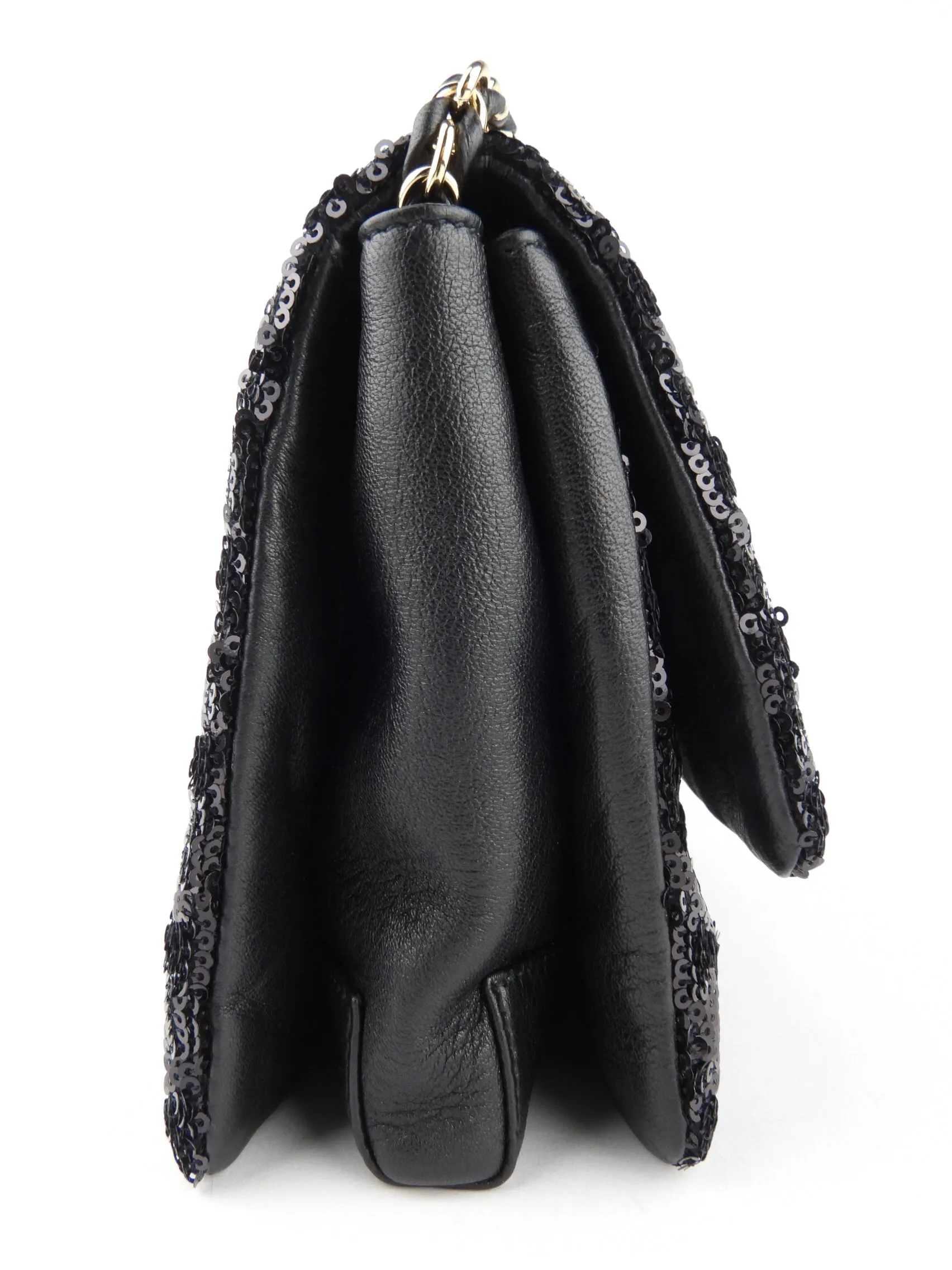 Salvatore Ferragamo Black Sequin and Leather Vara Bow Chain Flap Bag