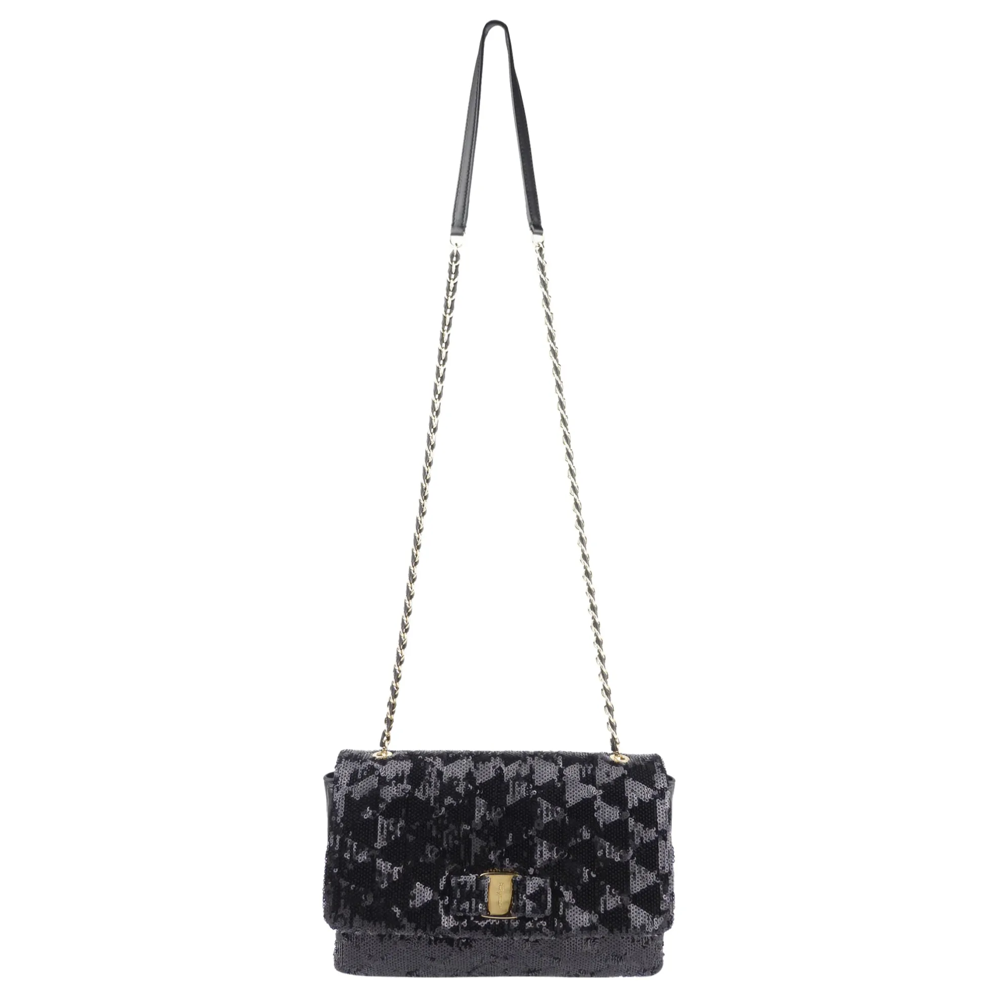 Salvatore Ferragamo Black Sequin and Leather Vara Bow Chain Flap Bag