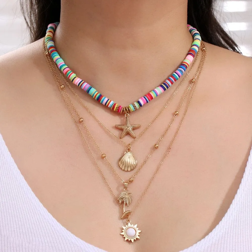 Soft Ceramic Starfish Puka Shell Pendant Multilayer Necklace