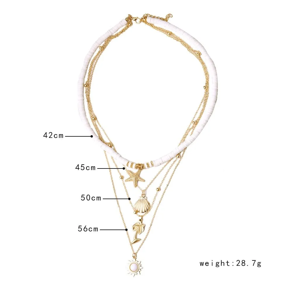 Soft Ceramic Starfish Puka Shell Pendant Multilayer Necklace