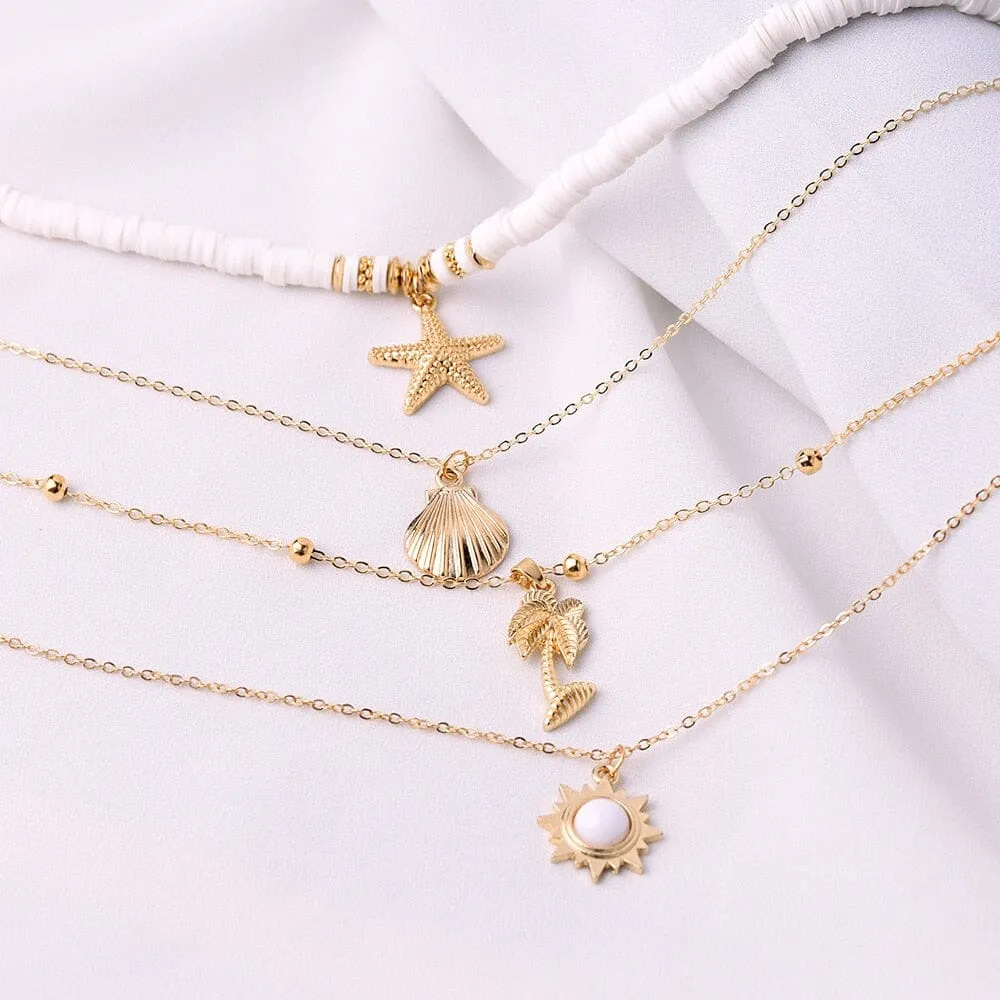 Soft Ceramic Starfish Puka Shell Pendant Multilayer Necklace