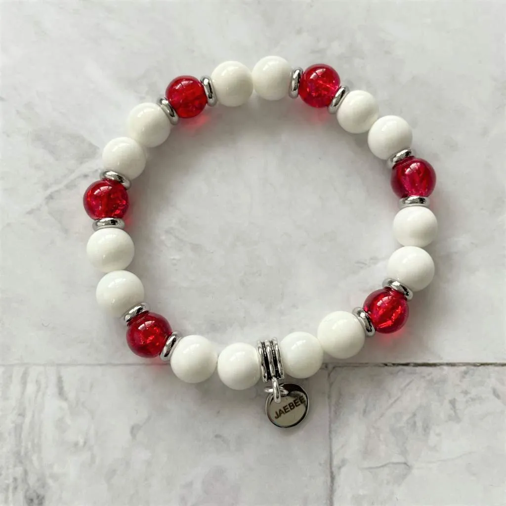 White Shell and Red Glass Beaded Bracelet