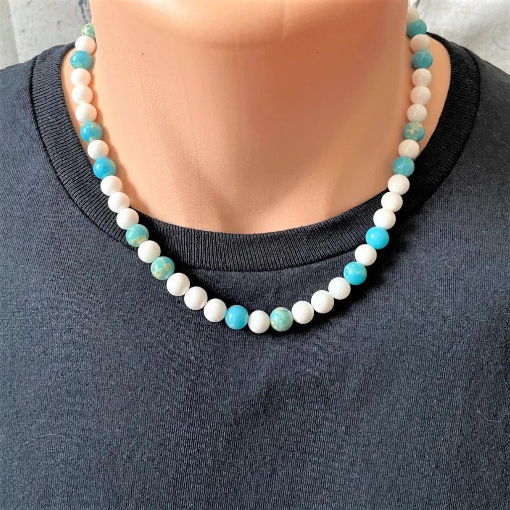 White Shell and Turquoise Impression Jasper Beaded Mens Necklace