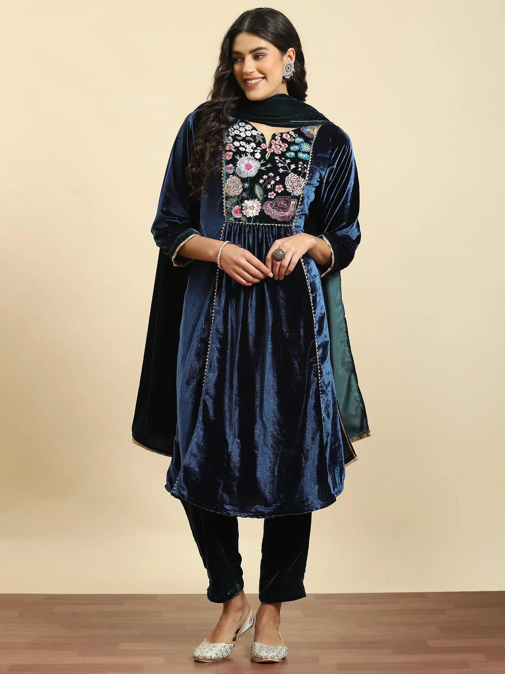 Women Blue Embroidered Kurta Trouser Dupatta