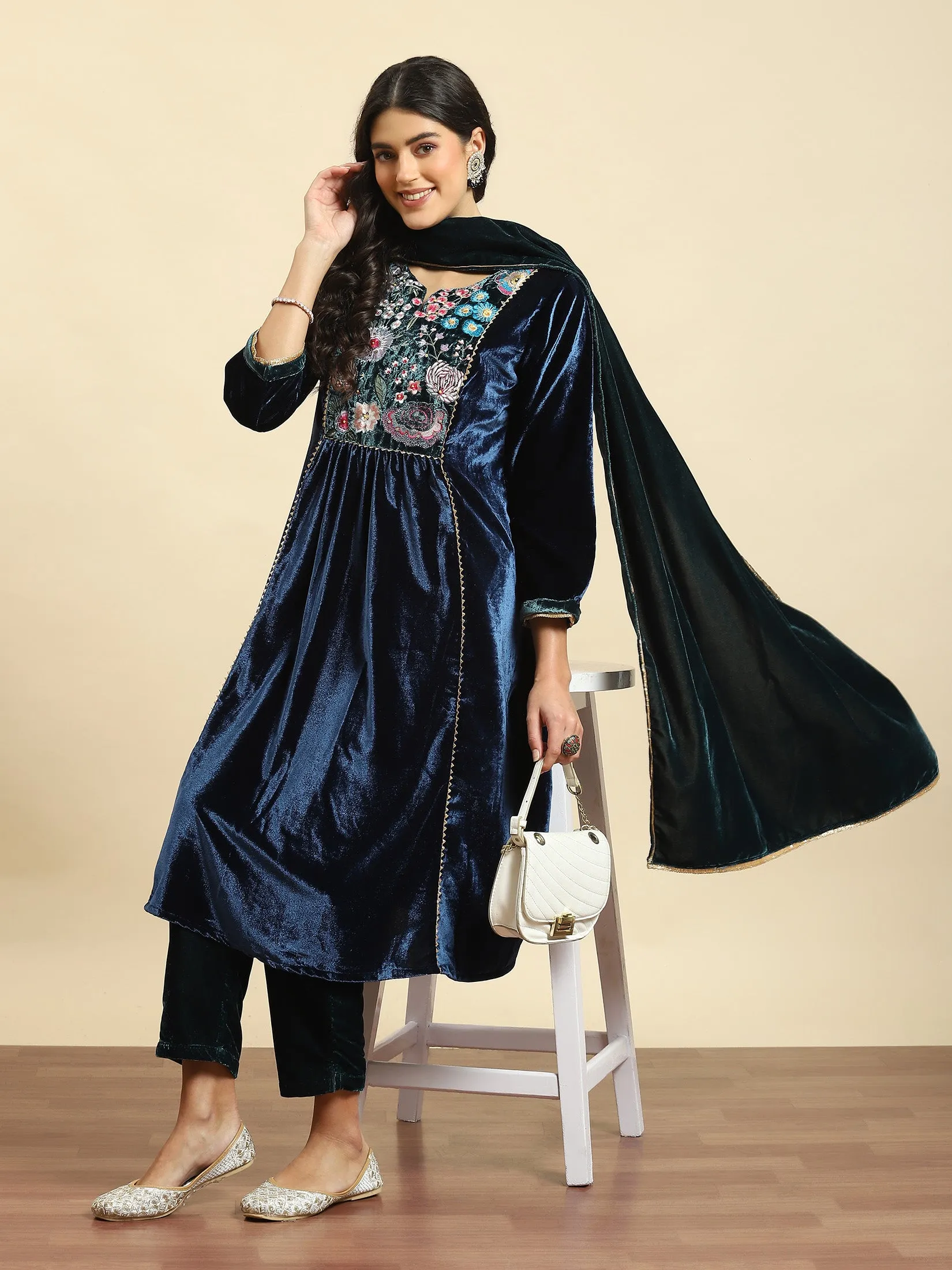 Women Blue Embroidered Kurta Trouser Dupatta