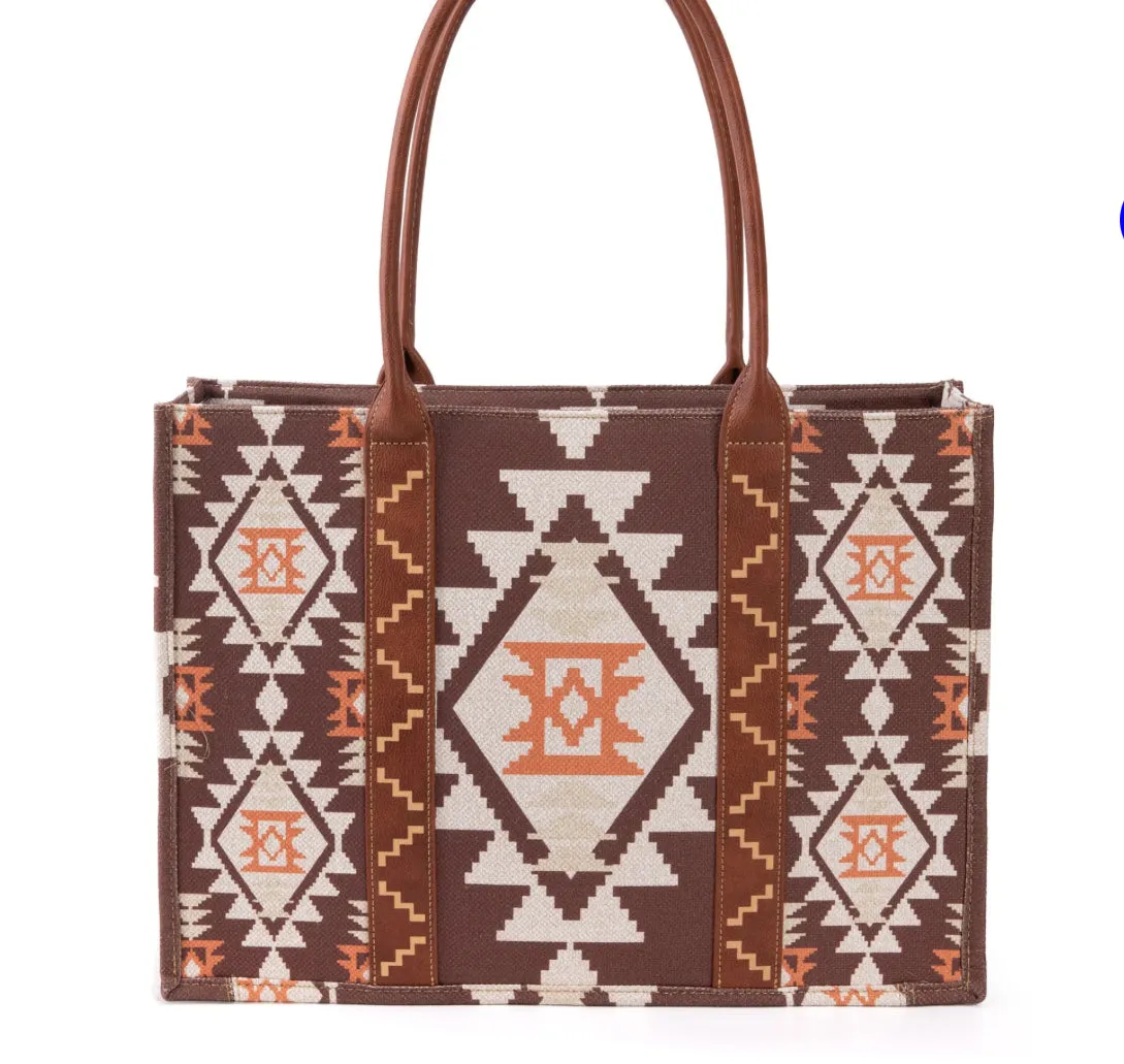 Wrangler Southwestern Pattern Dual Sided Print Canvas Wide Tote Coffee